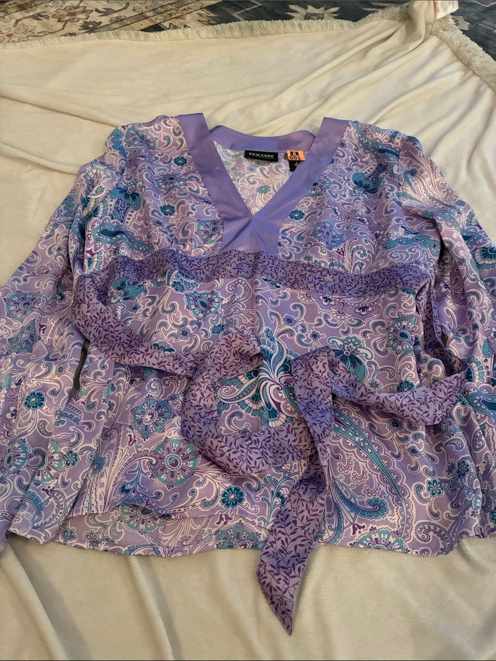 New York & Company Lavender Paisley Wrap Blouse with Tie